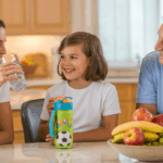 a mother, child and grandfather in a kitchen drinking water for hydration.